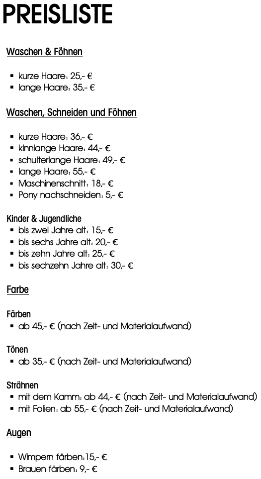 Preisliste Annes Salon